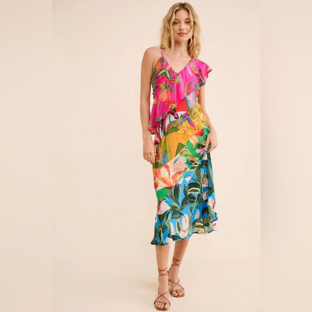New Anthropologie FARM Rio Mixed Flowery Ruffle One Shoulder Dress Size M